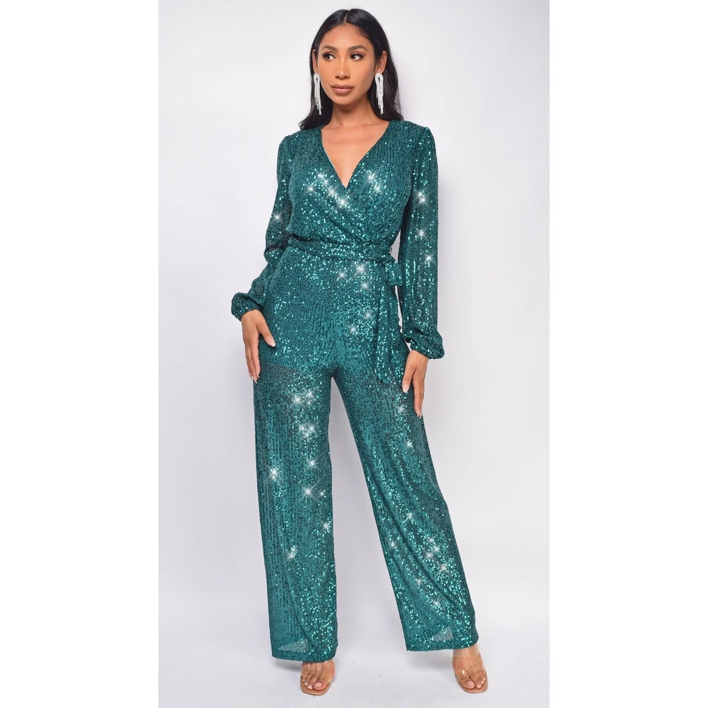 Emprada Zaneta Green Sequin Jumpsuit Size Small New With Tags